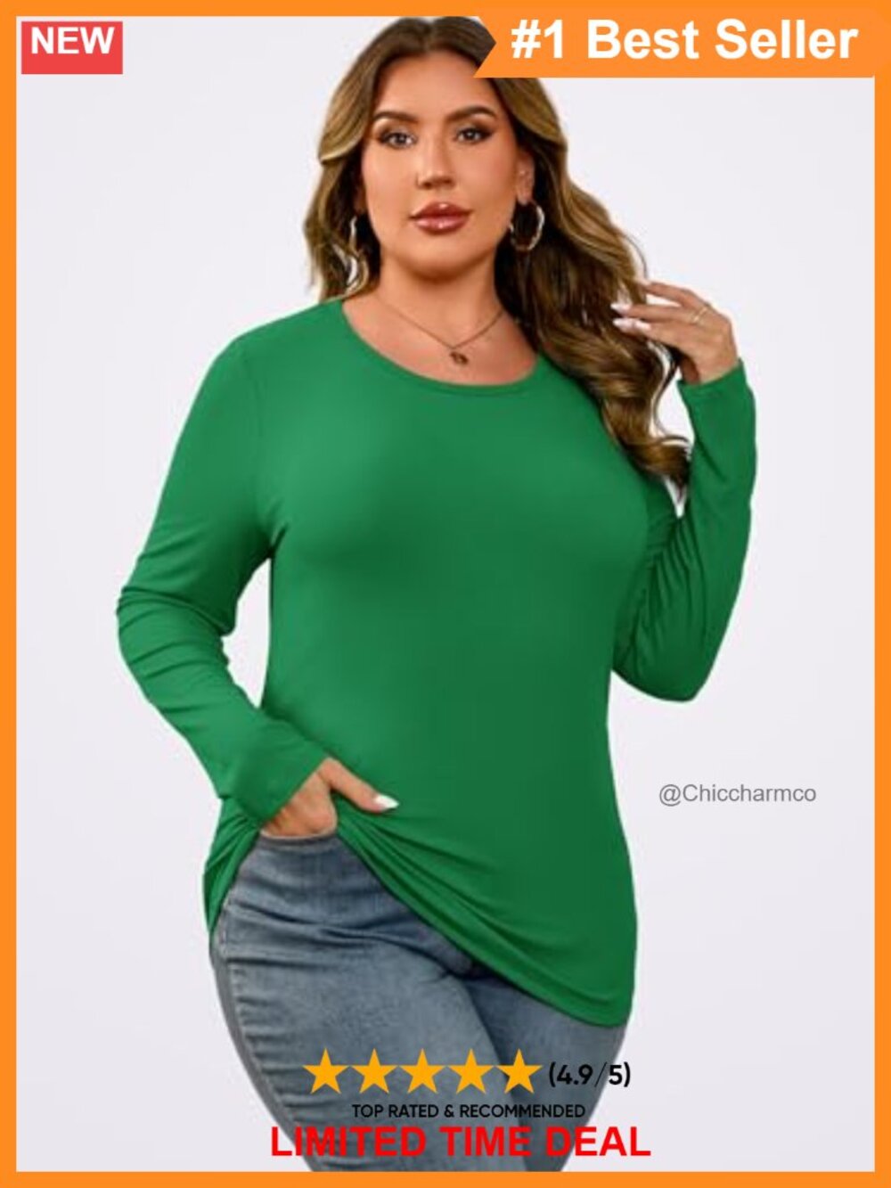 Plus Size Long Sleeve Ribbed Knit Top Crew Neck Fitted Tee - Picture 4 of 6